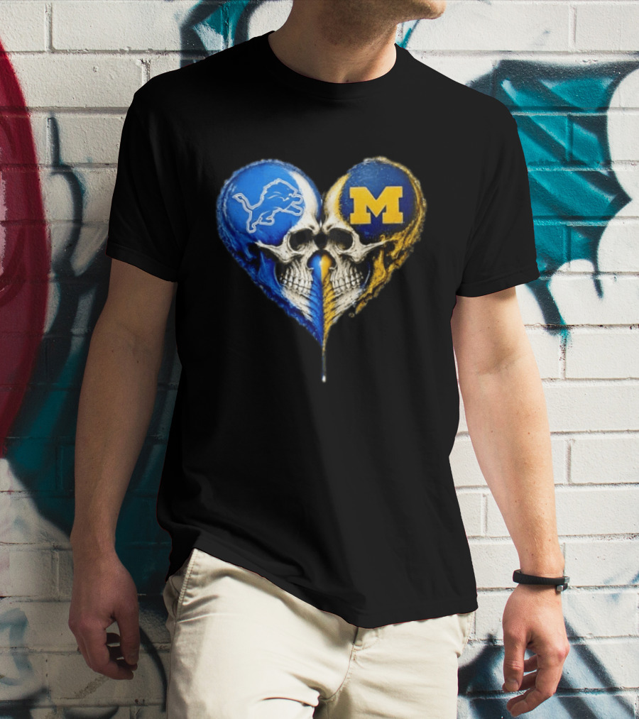 Detroit Lions And Michigan Wolverines Heart Skulls T-Shirt
