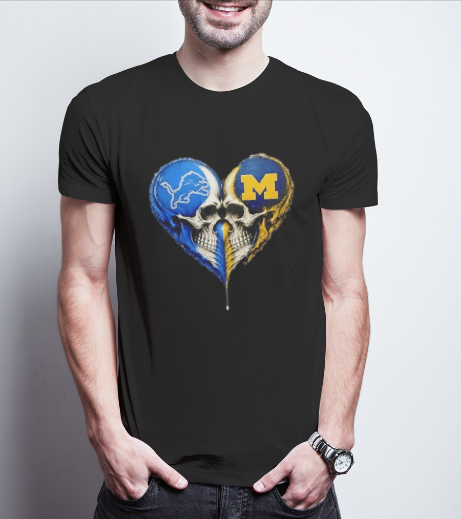 Detroit Lions And Michigan Wolverines Heart Skulls T-Shirt