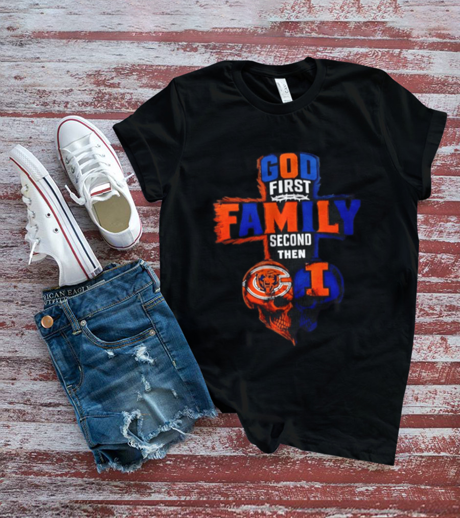 God First Family Second Then Chicago Bears And Illinois Fighting Illini Skull Heart T-Shirt