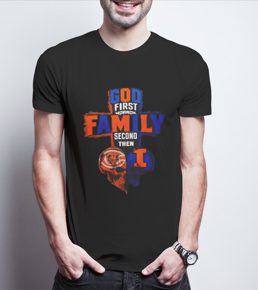 God First Family Second Then Chicago Bears And Illinois Fighting Illini Skull Heart T-Shirt