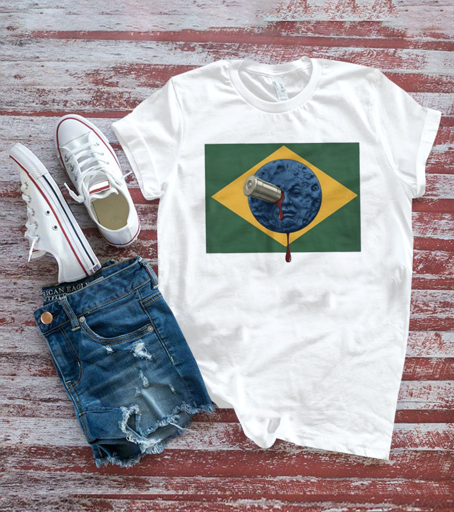 Brazil Flag Moon Face With Bullet And Bleeding Effect T-Shirt