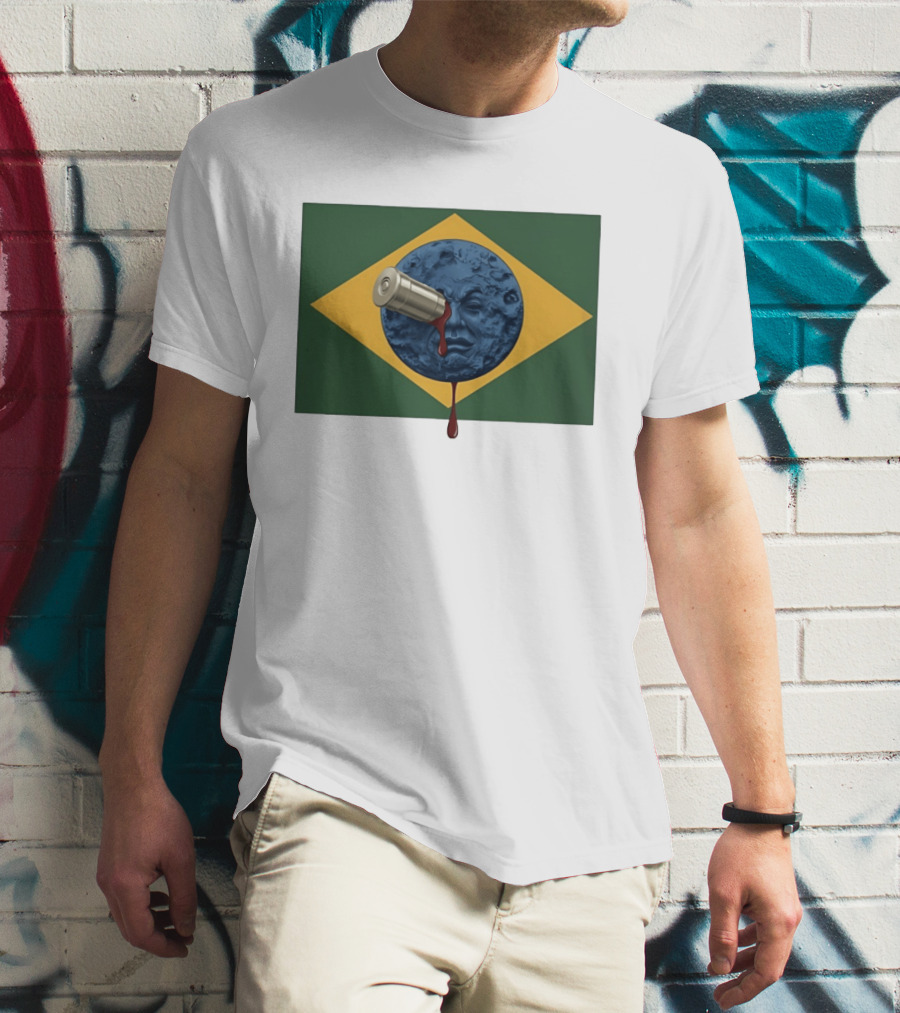 Brazil Flag Moon Face With Bullet And Bleeding Effect T-Shirt