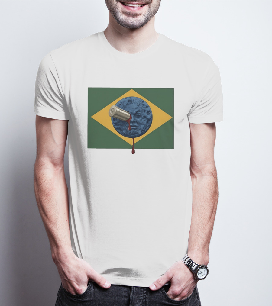 Brazil Flag Moon Face With Bullet And Bleeding Effect T-Shirt