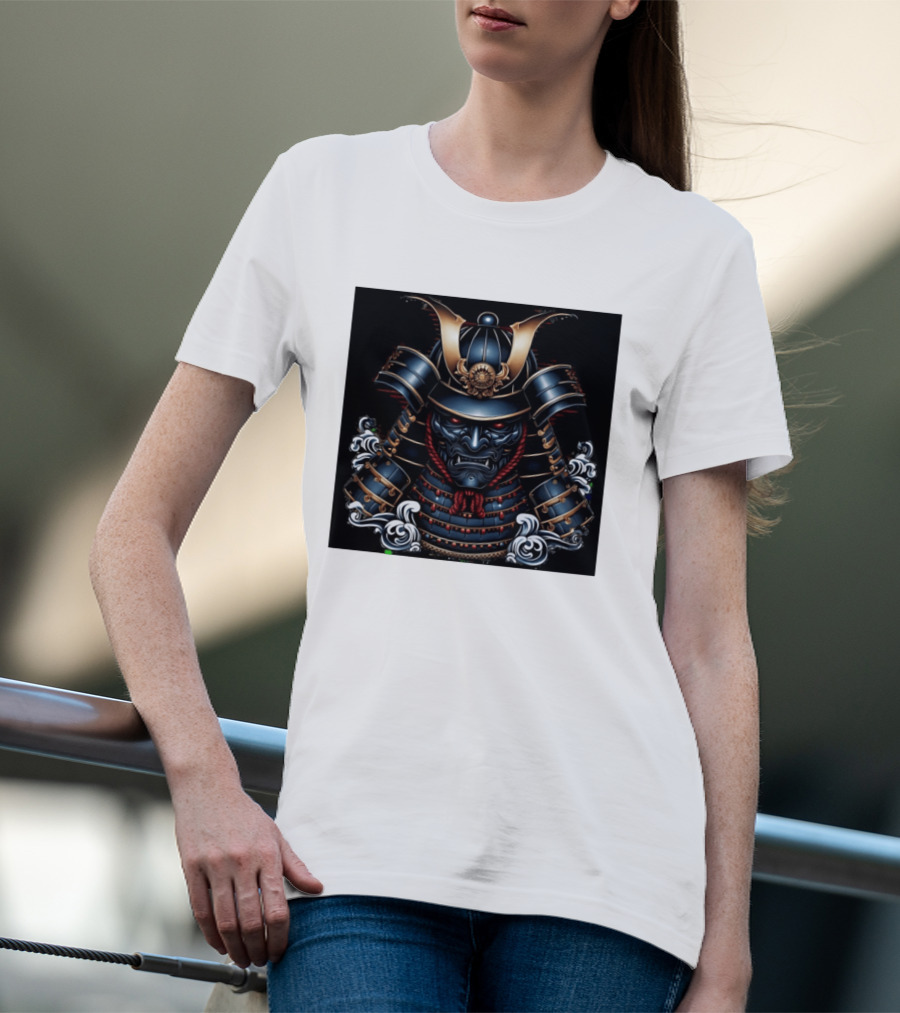 Samurai Warrior Mask Helmet With Traditional Armor And Red Accents T-Shirt