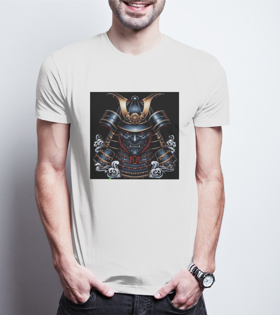 Samurai Warrior Mask Helmet With Traditional Armor And Red Accents T-Shirt