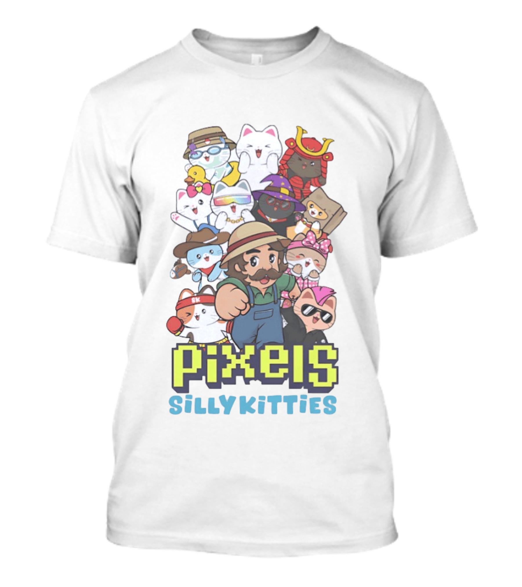 Pixels Silly Kitties Character Collage With Mustached Figure And Cute Cat Ensemble T-Shirt