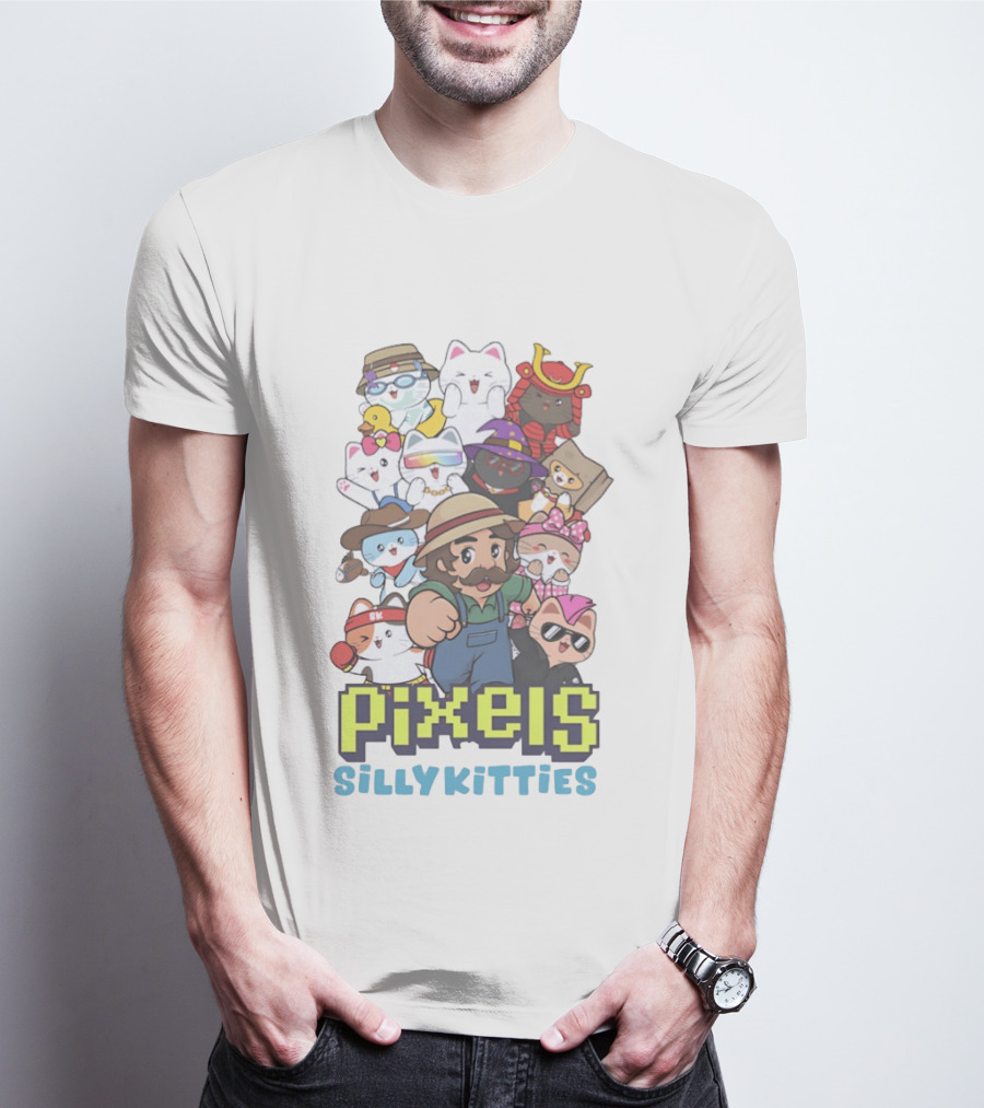 Pixels Silly Kitties Character Collage With Mustached Figure And Cute Cat Ensemble T-Shirt