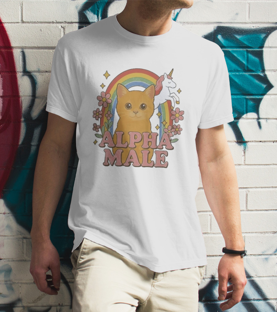 Alpha Male Cat With Unicorn Rainbow And Flowers T-Shirt