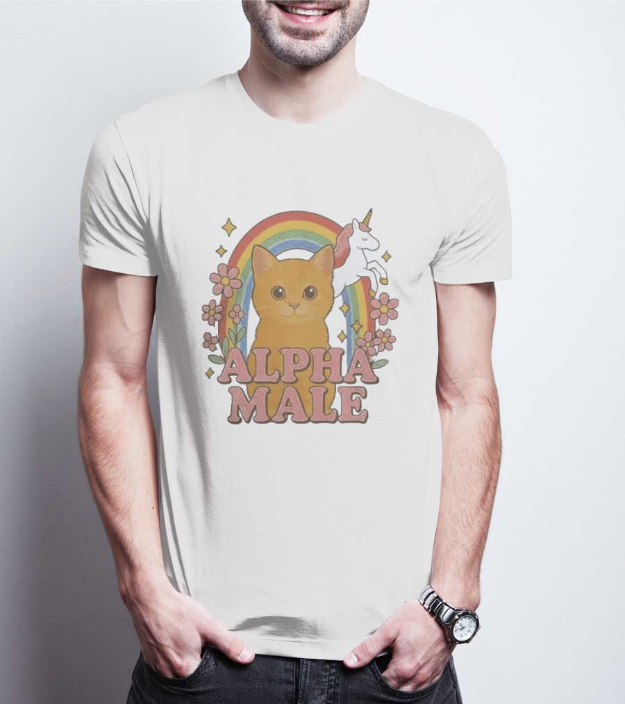 Alpha Male Cat With Unicorn Rainbow And Flowers T-Shirt