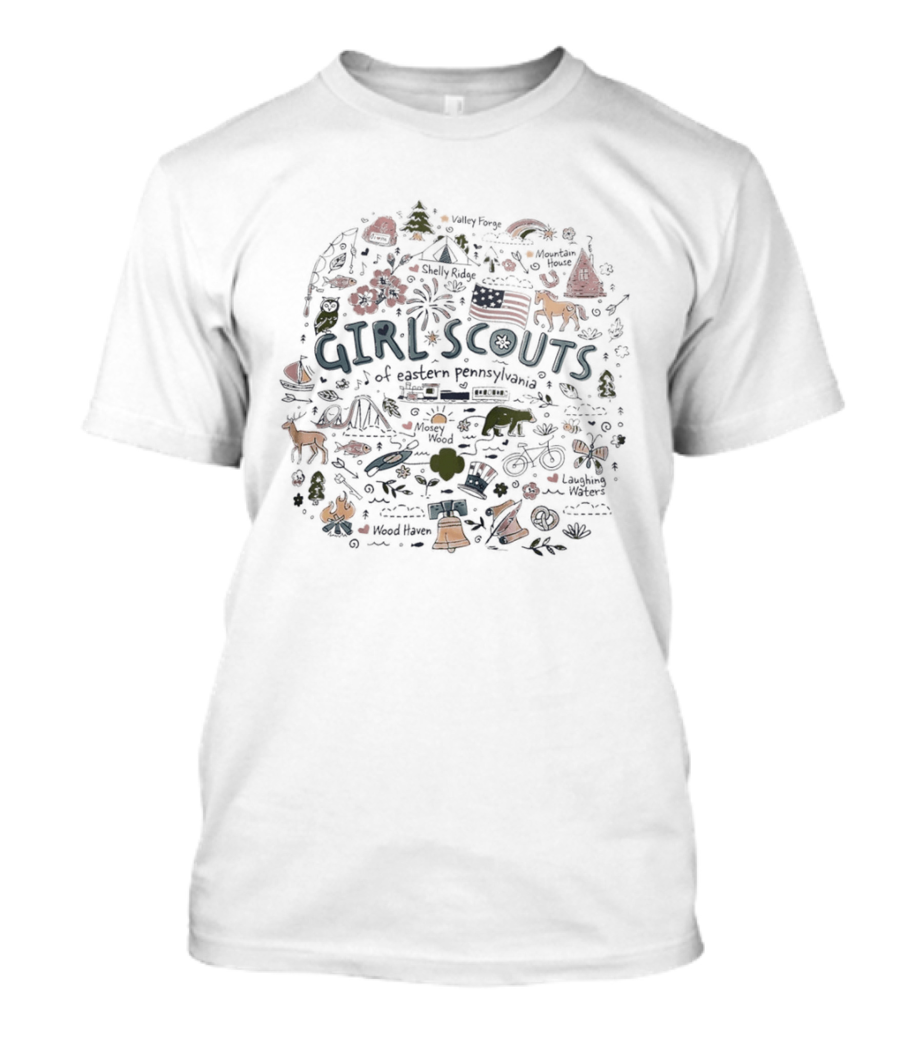 Girl Scouts Eastern Pennsylvania Camping Icons Flag Wildlife Fun T-Shirt