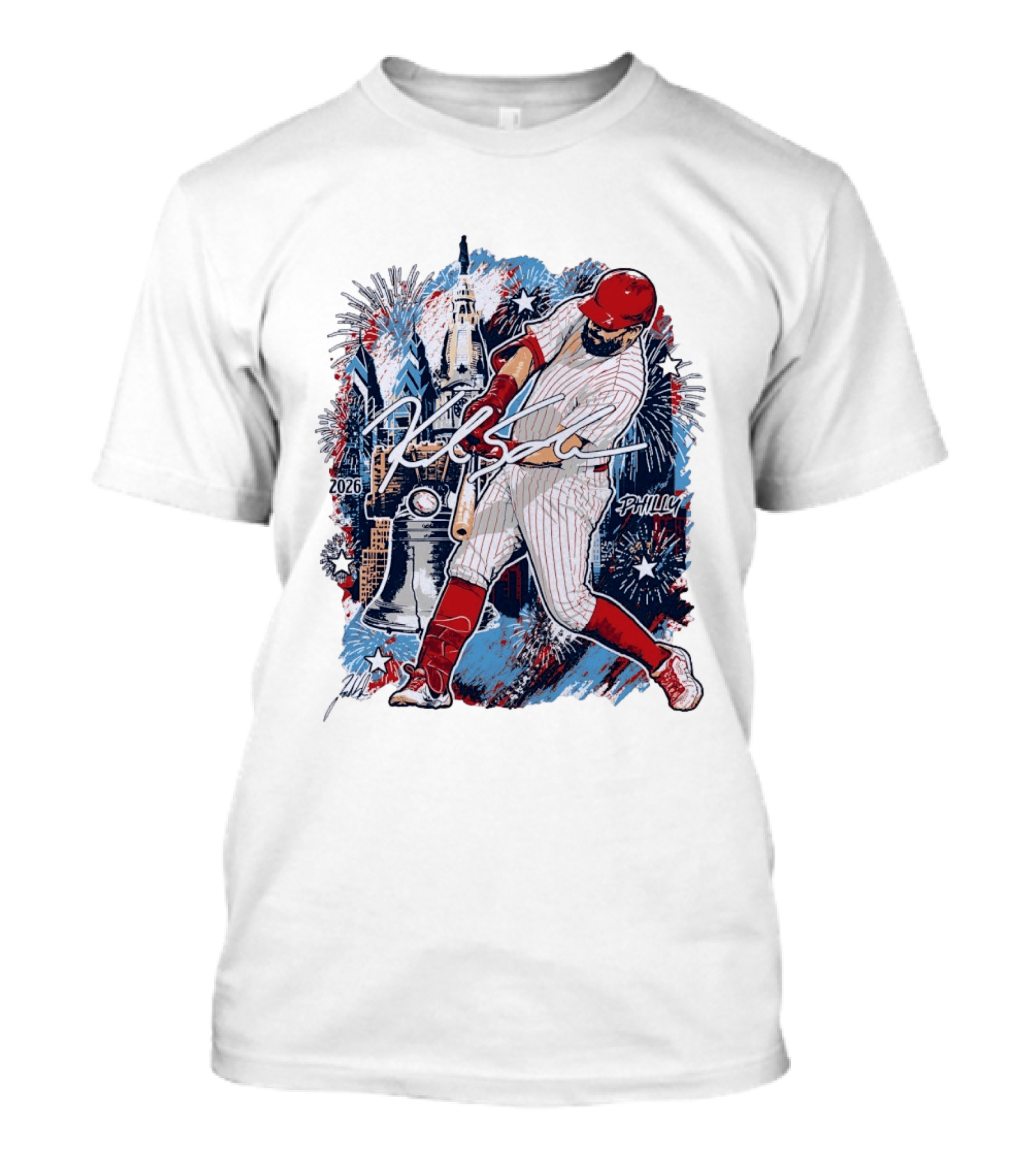Kyle Schwarber Philly 2026 Swinging Bat Fireworks Liberty Bell T-Shirt