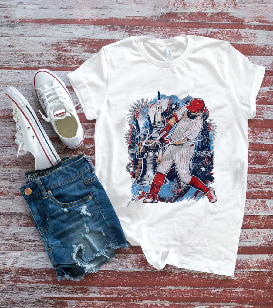 Kyle Schwarber Philly 2026 Swinging Bat Fireworks Liberty Bell T-Shirt