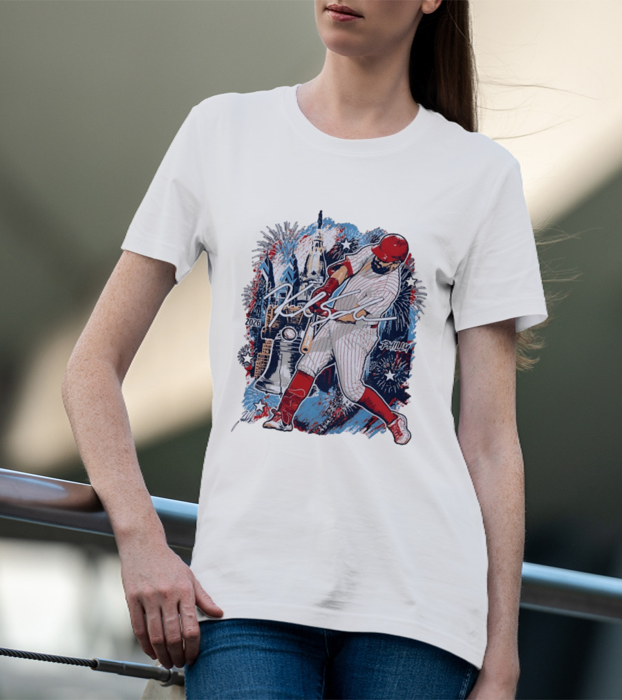 Kyle Schwarber Philly 2026 Swinging Bat Fireworks Liberty Bell T-Shirt