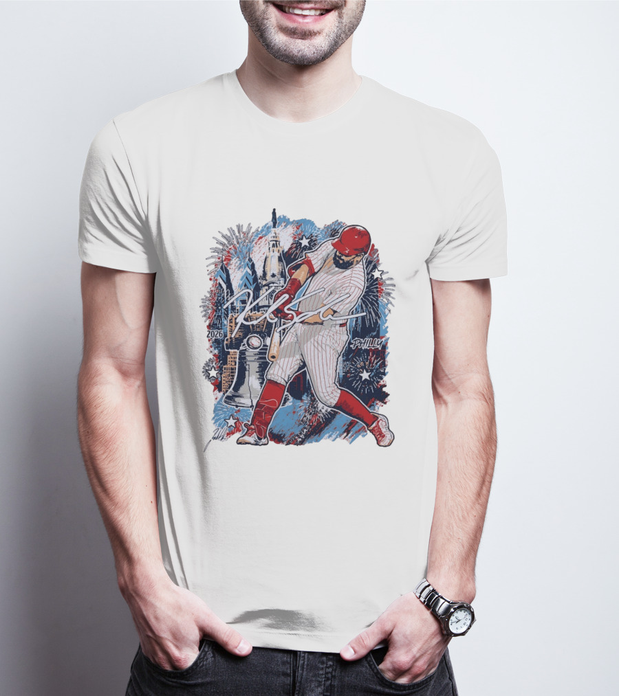 Kyle Schwarber Philly 2026 Swinging Bat Fireworks Liberty Bell T-Shirt