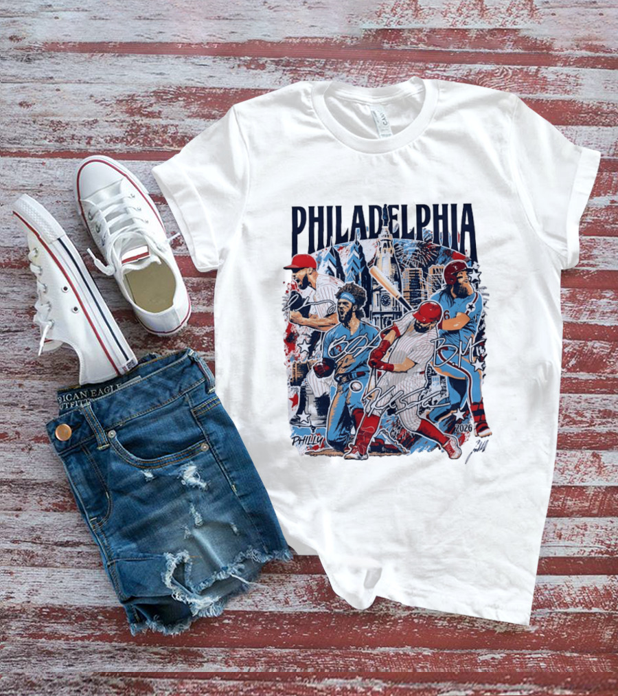 Philadelphia Phillies Stars Skyline 2026 Philly Batter Montage T-Shirt