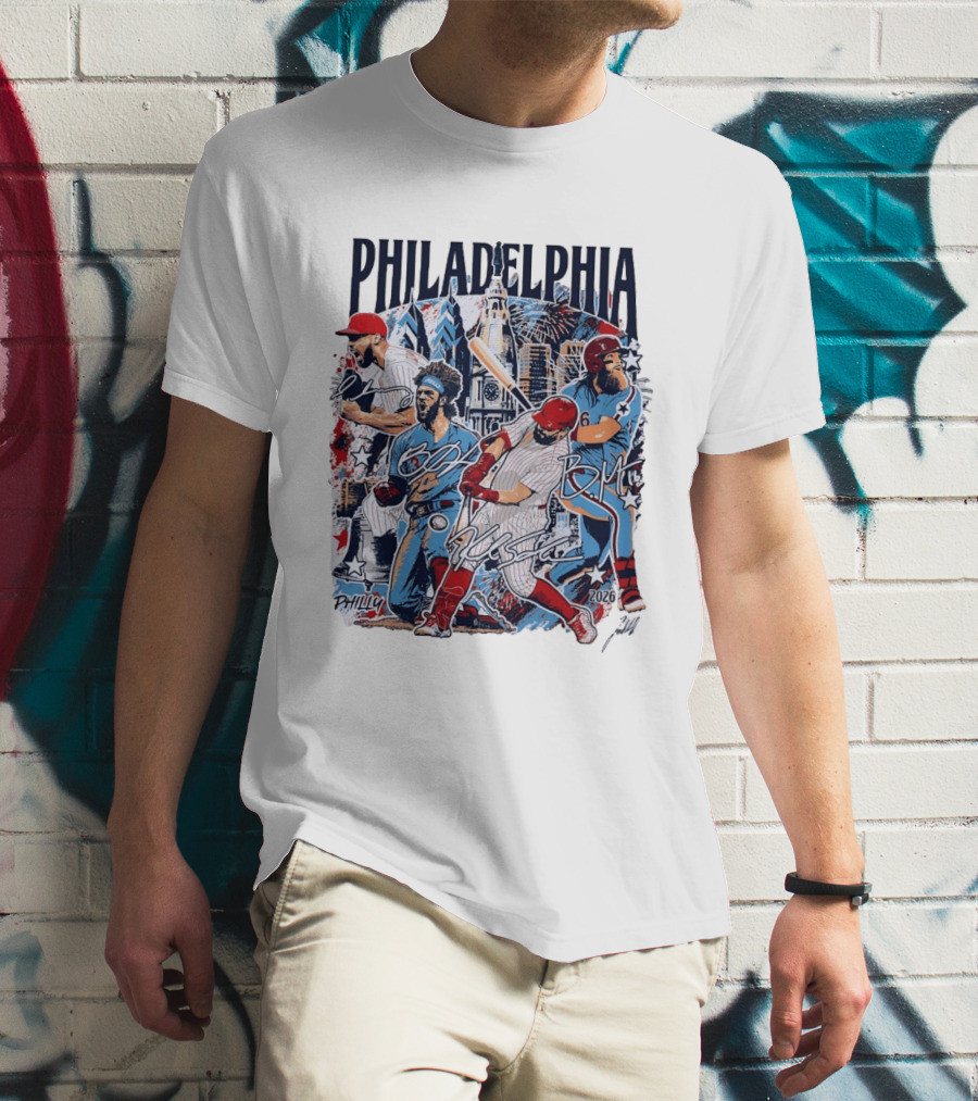 Philadelphia Phillies Stars Skyline 2026 Philly Batter Montage T-Shirt