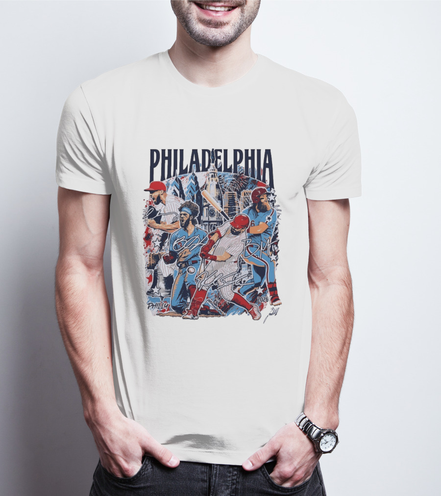 Philadelphia Phillies Stars Skyline 2026 Philly Batter Montage T-Shirt