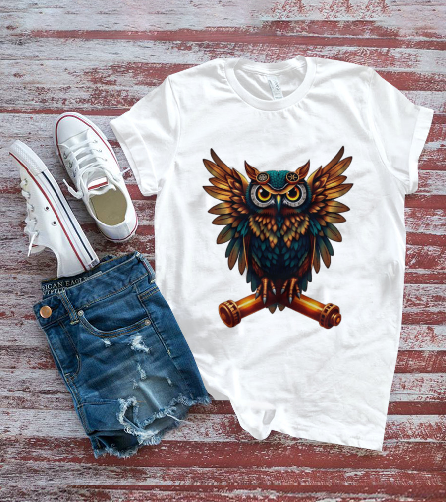 Steampunk Owl With Gears And Pistons Mechanic Aesthetic T-Shirt