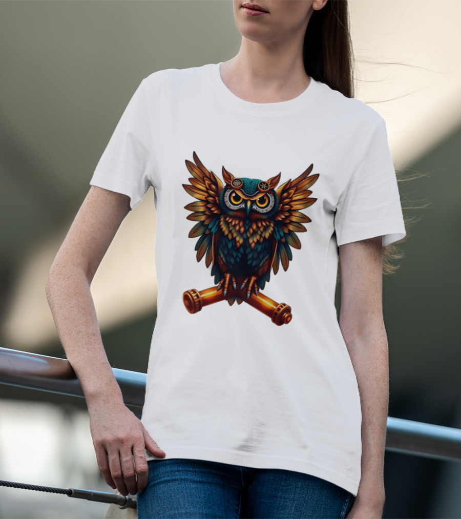 Steampunk Owl With Gears And Pistons Mechanic Aesthetic T-Shirt