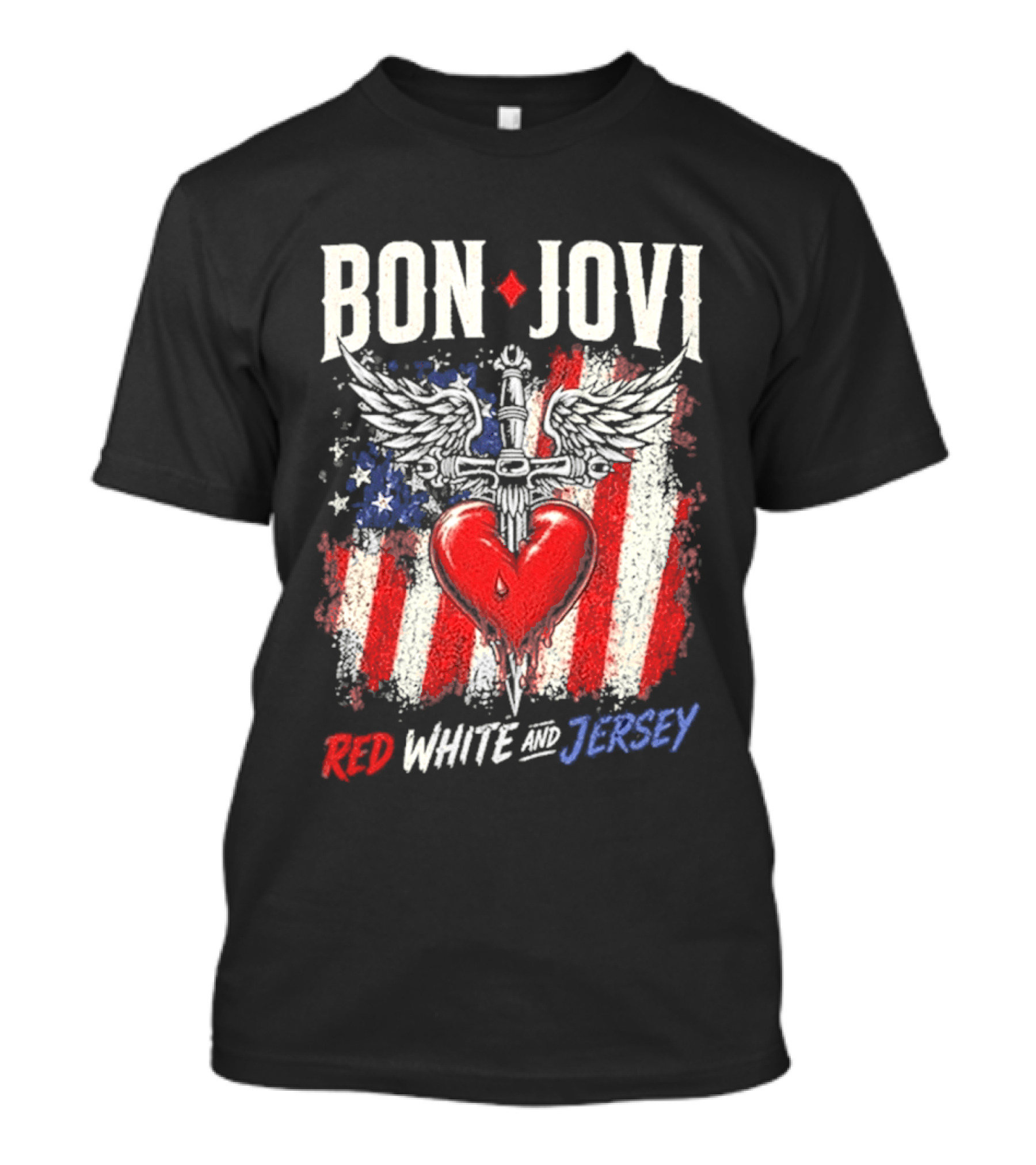 Bon Jovi Red White Jersey Heart And Dagger American Flag T-Shirt