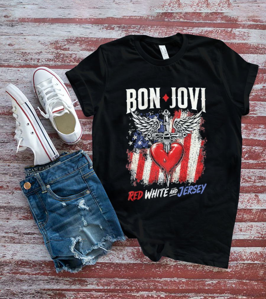 Bon Jovi Red White Jersey Heart And Dagger American Flag T-Shirt