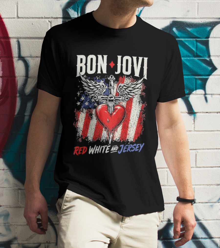Bon Jovi Red White Jersey Heart And Dagger American Flag T-Shirt