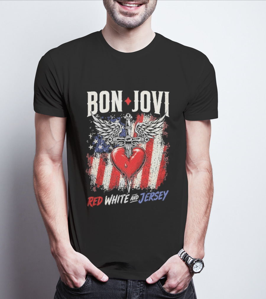 Bon Jovi Red White Jersey Heart And Dagger American Flag T-Shirt
