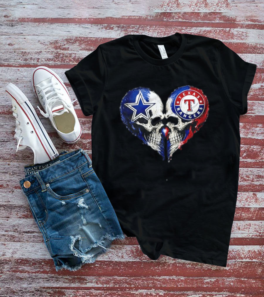 Dallas Cowboys Star And Texas Rangers Skull Heart T-Shirt
