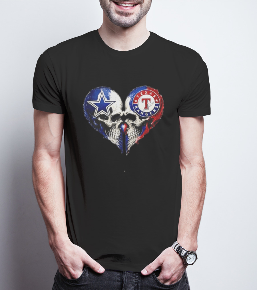 Dallas Cowboys Star And Texas Rangers Skull Heart T-Shirt