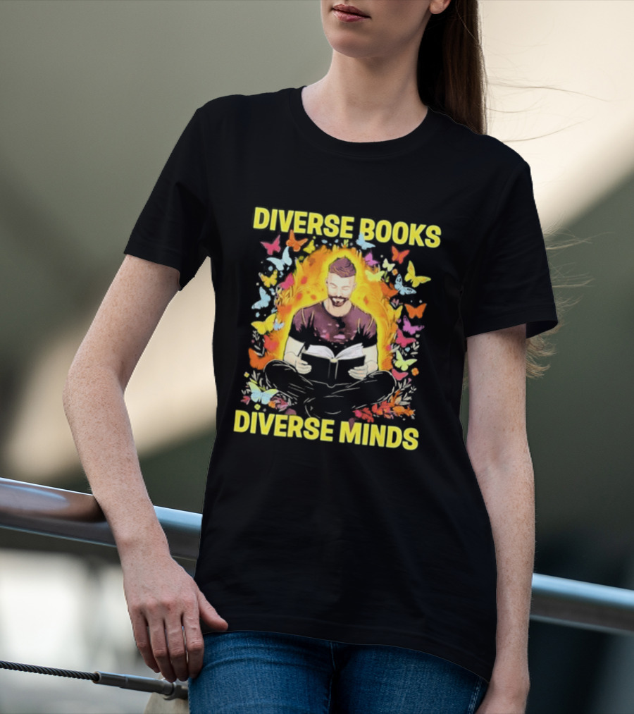 Diverse Books Diverse Minds Reading Book Lover With Colorful Butterfly Motif T-Shirt