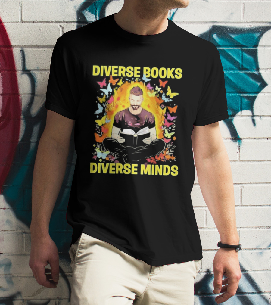 Diverse Books Diverse Minds Reading Book Lover With Colorful Butterfly Motif T-Shirt