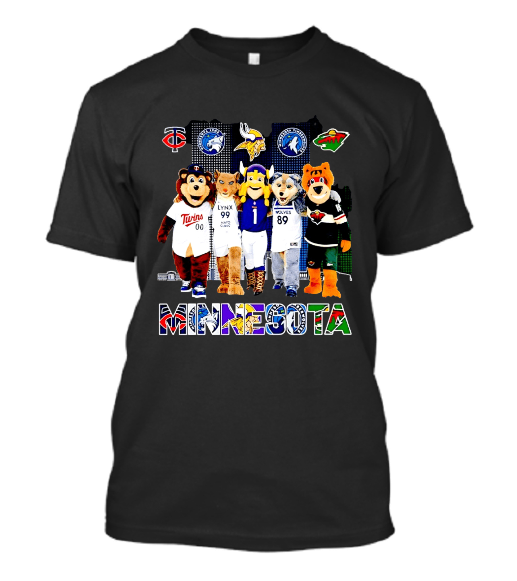 Minnesota Twins Lynx Vikings Timberwolves Wild Mascots Collage T-Shirt