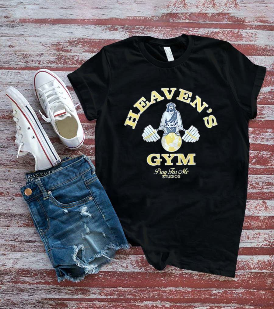 Heaven's Gym Jesus Lifting Globe Barbell Pray For Me Studios T-Shirt
