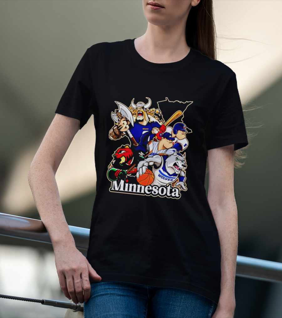 Minnesota Vikings Wild Twins Timberwolves Characters Collage T-Shirt