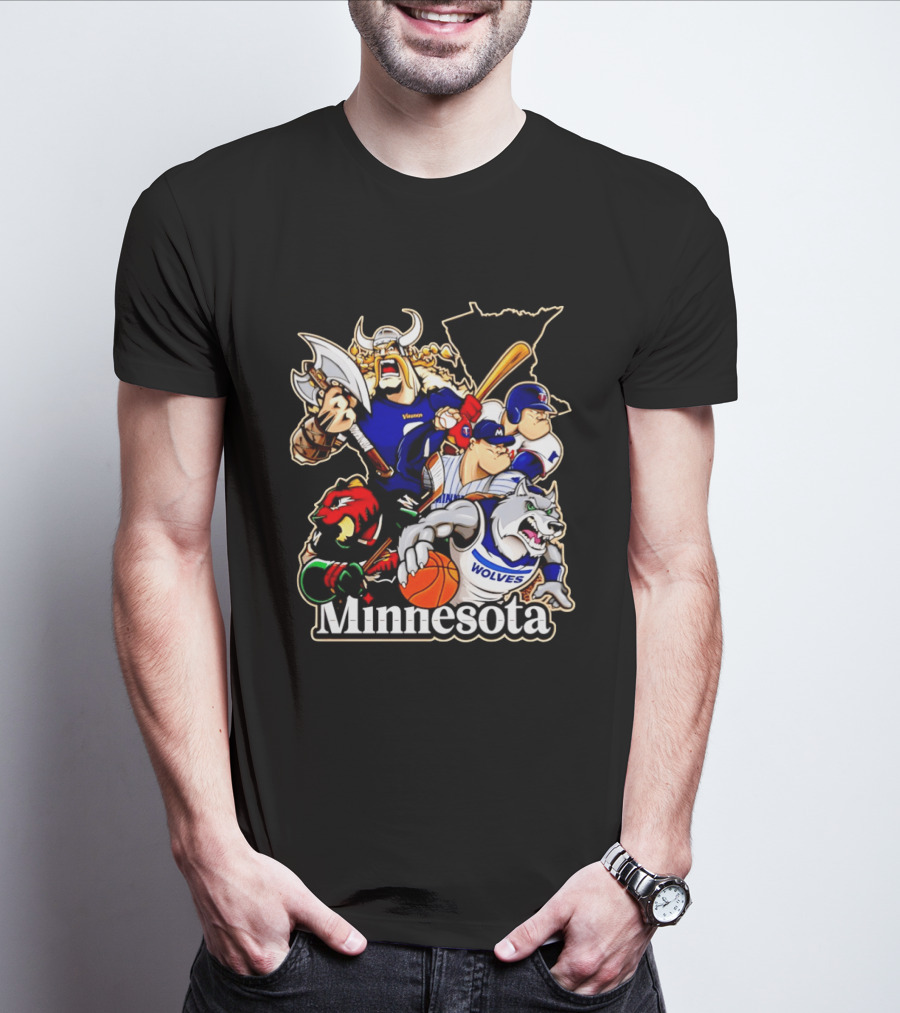 Minnesota Vikings Wild Twins Timberwolves Characters Collage T-Shirt