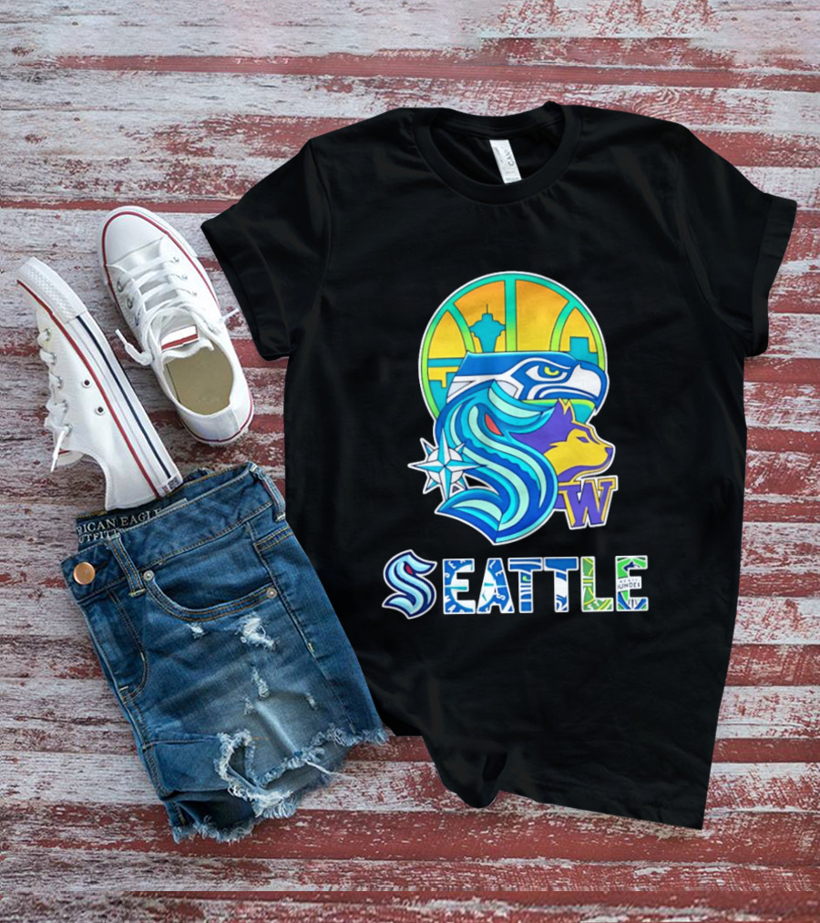 Seattle Seahawks Washington Huskies Skyline Collage With Space Needle And Compass Rose T-Shirt