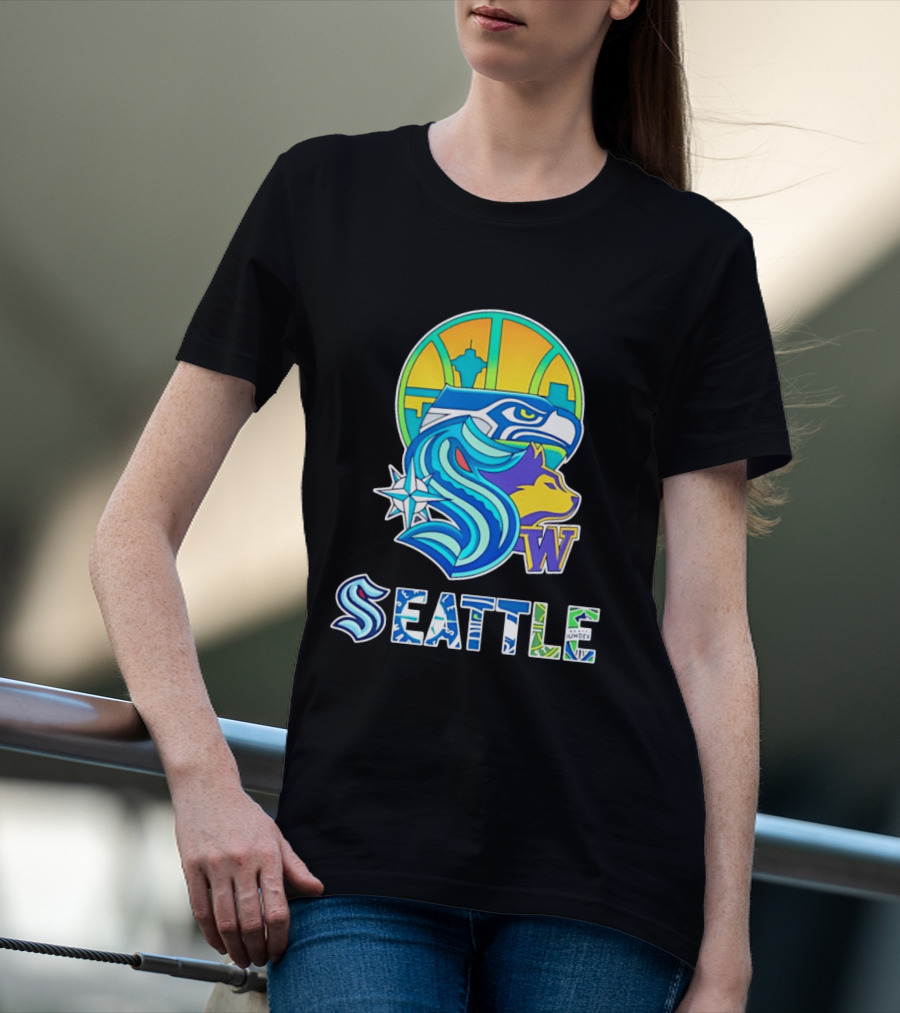 Seattle Seahawks Washington Huskies Skyline Collage With Space Needle And Compass Rose T-Shirt
