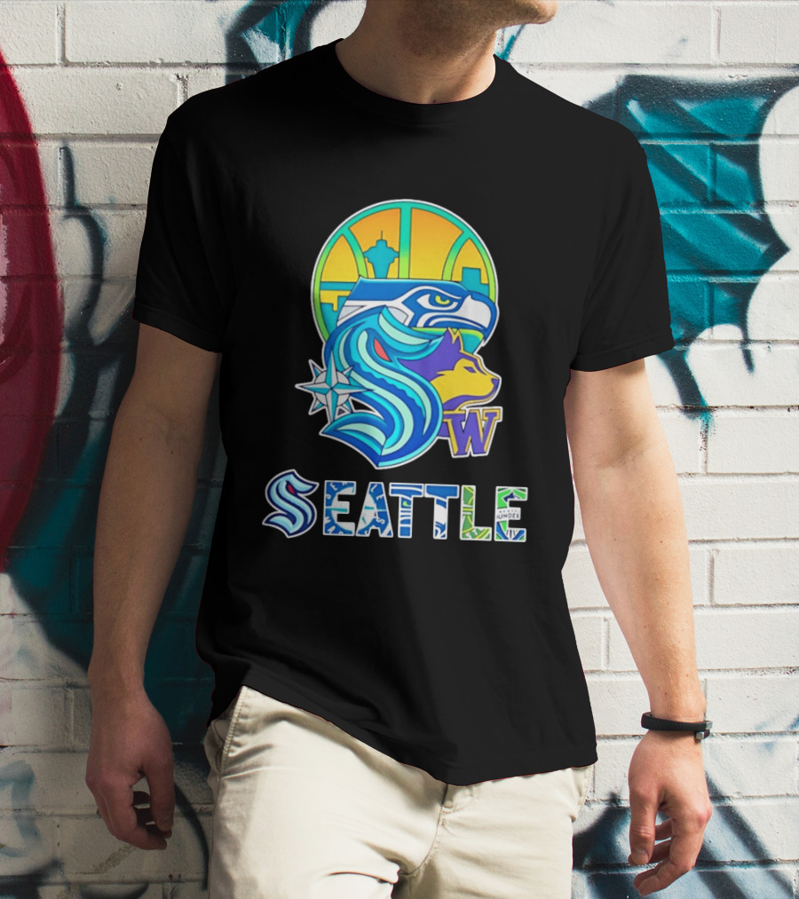 Seattle Seahawks Washington Huskies Skyline Collage With Space Needle And Compass Rose T-Shirt