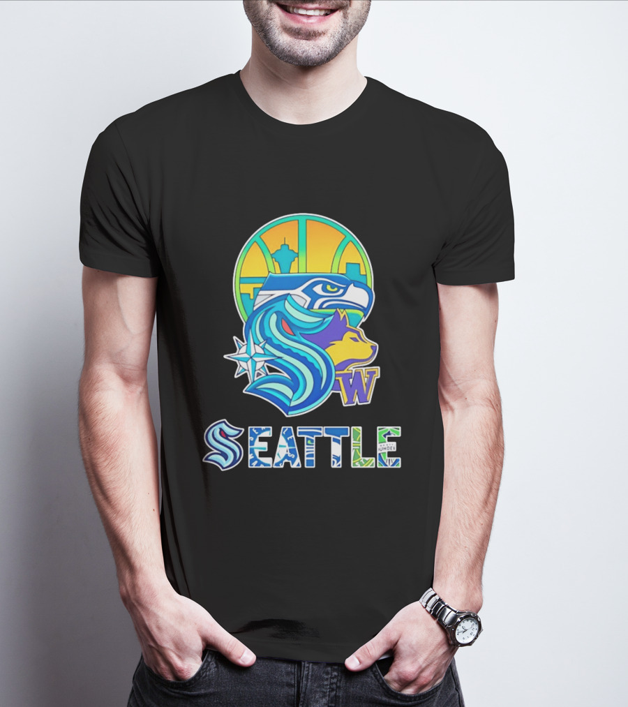 Seattle Seahawks Washington Huskies Skyline Collage With Space Needle And Compass Rose T-Shirt