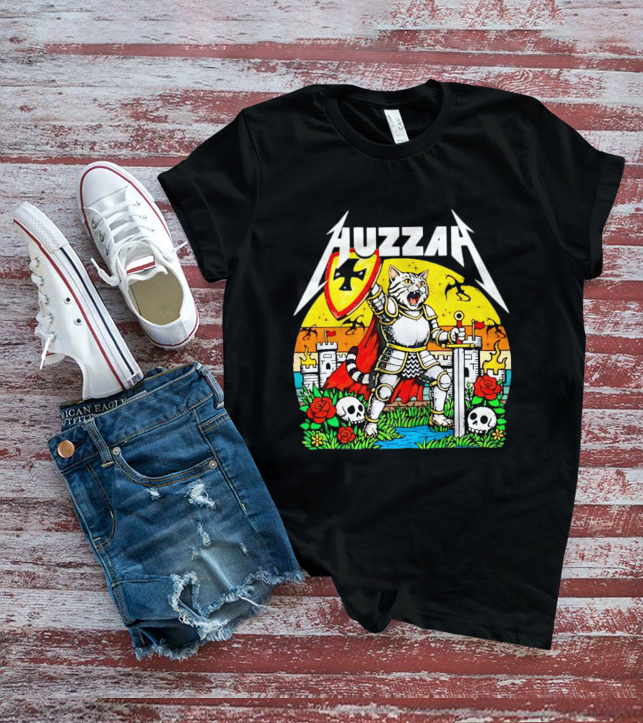 Huzzah Cat Knight Medieval Fantasy With Shield And Sword In Castle Scene T-Shirt