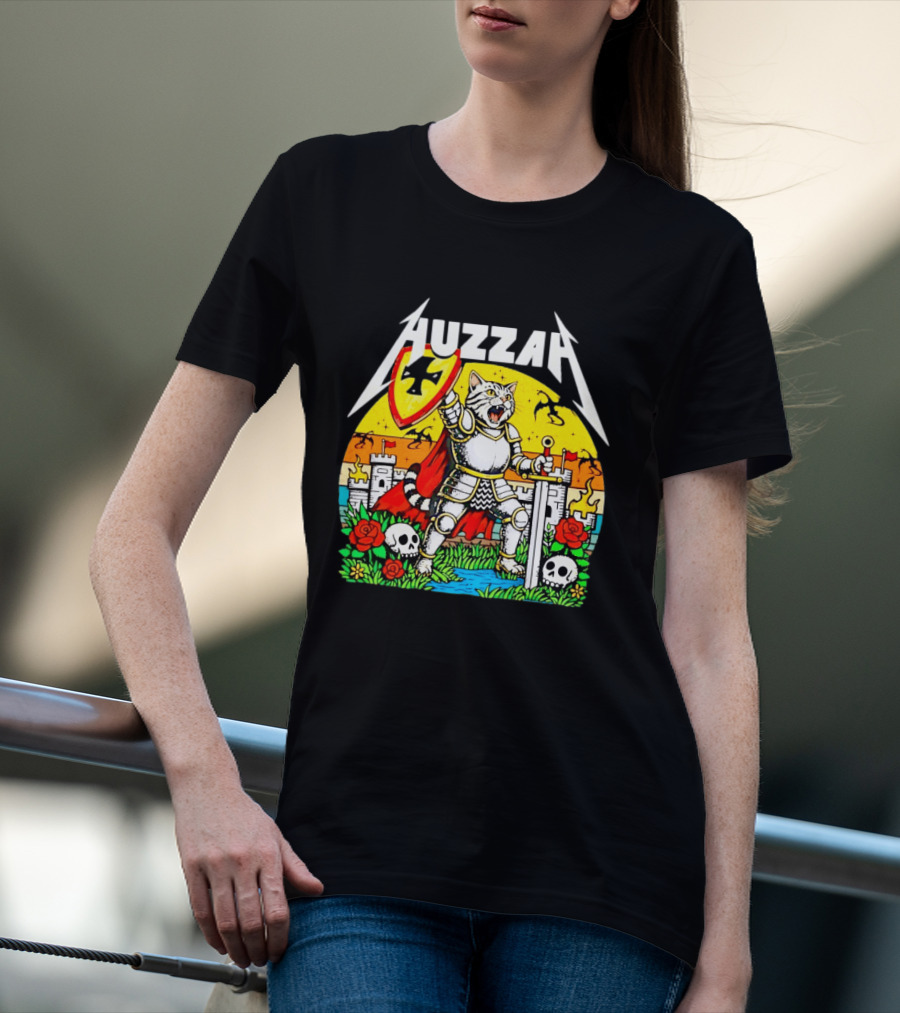 Huzzah Cat Knight Medieval Fantasy With Shield And Sword In Castle Scene T-Shirt