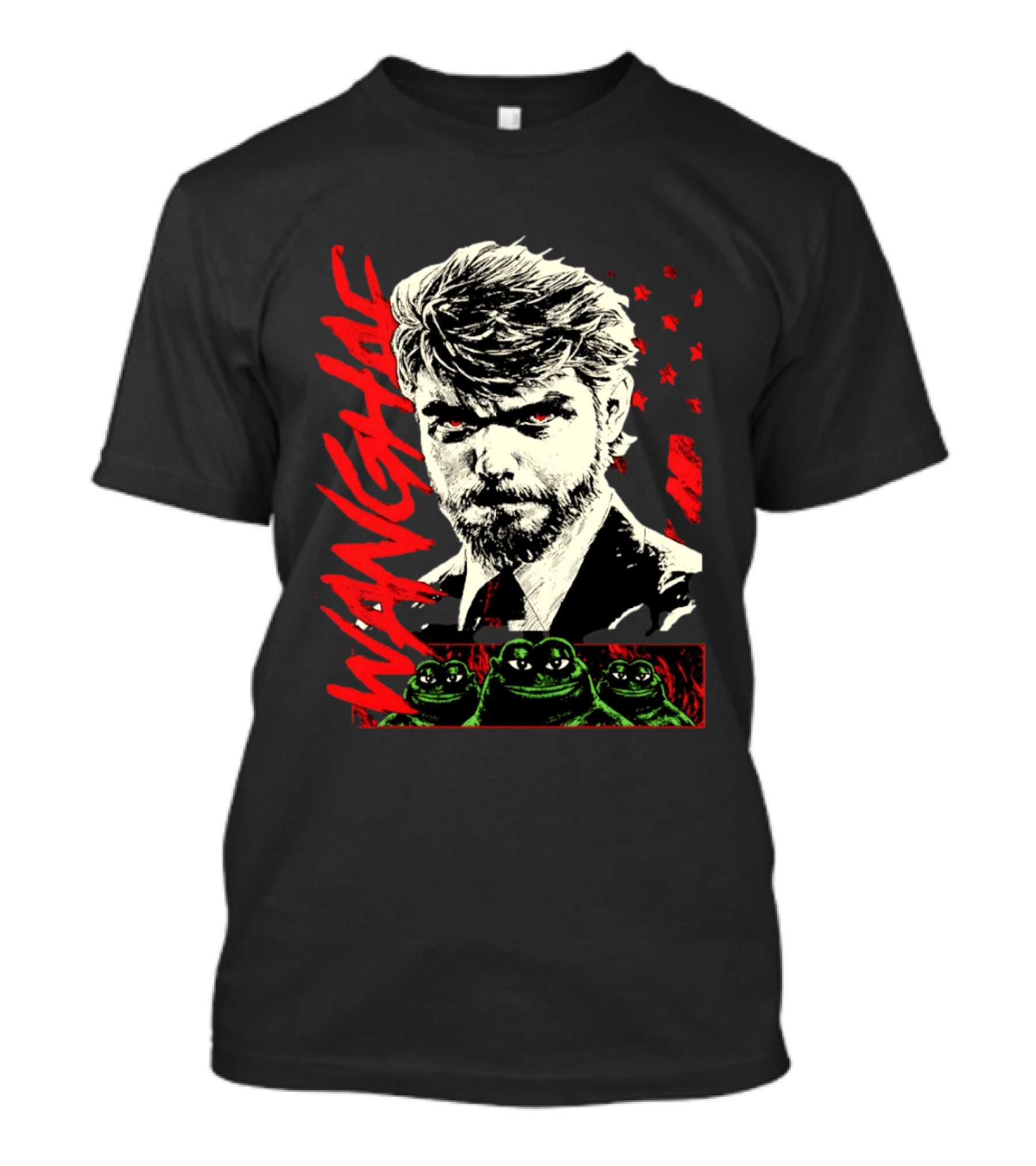 Wangyae Distressed Frogs With Intense Bearded Man And Red Accents T-Shirt