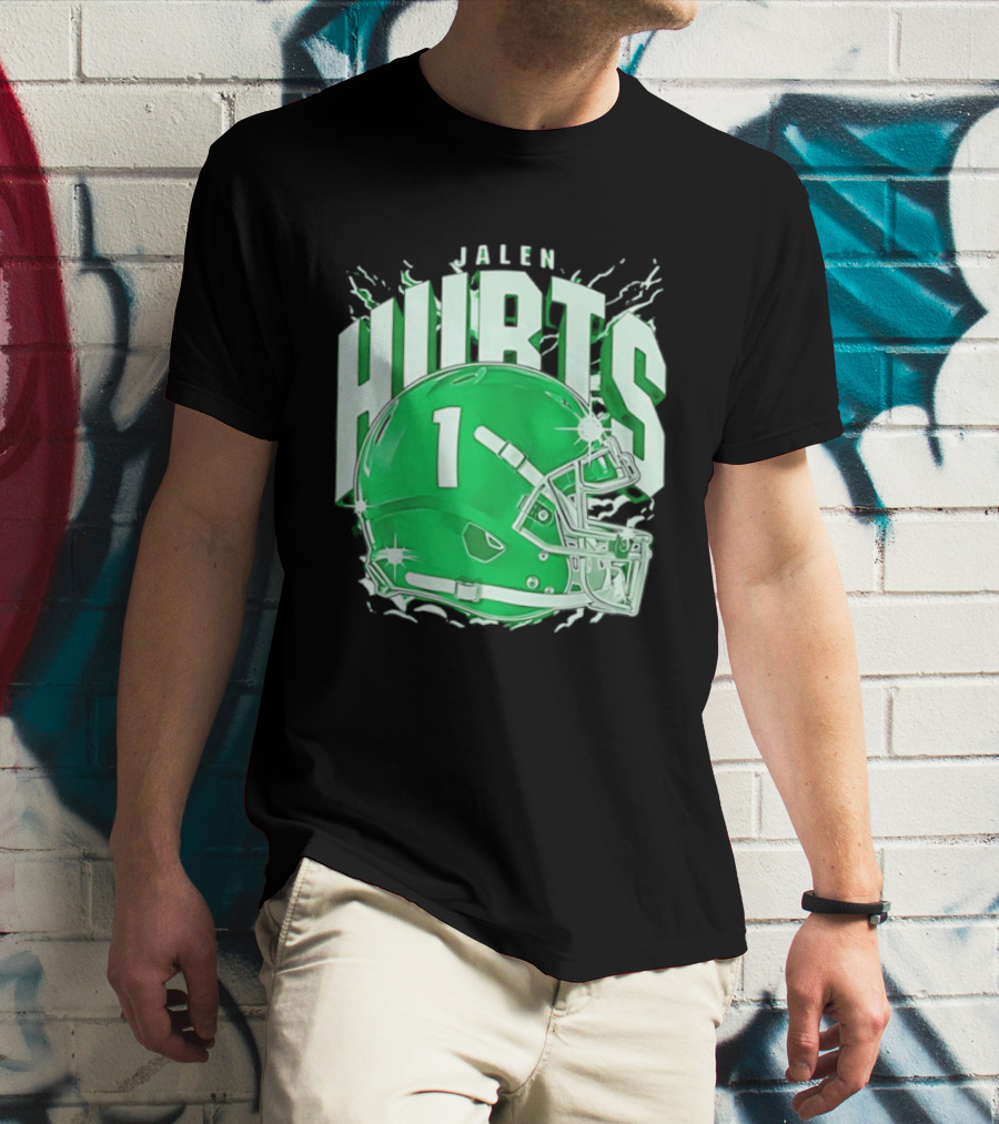 Jalen Hurts 1 Philadelphia Eagles Green Helmet Football T-Shirt