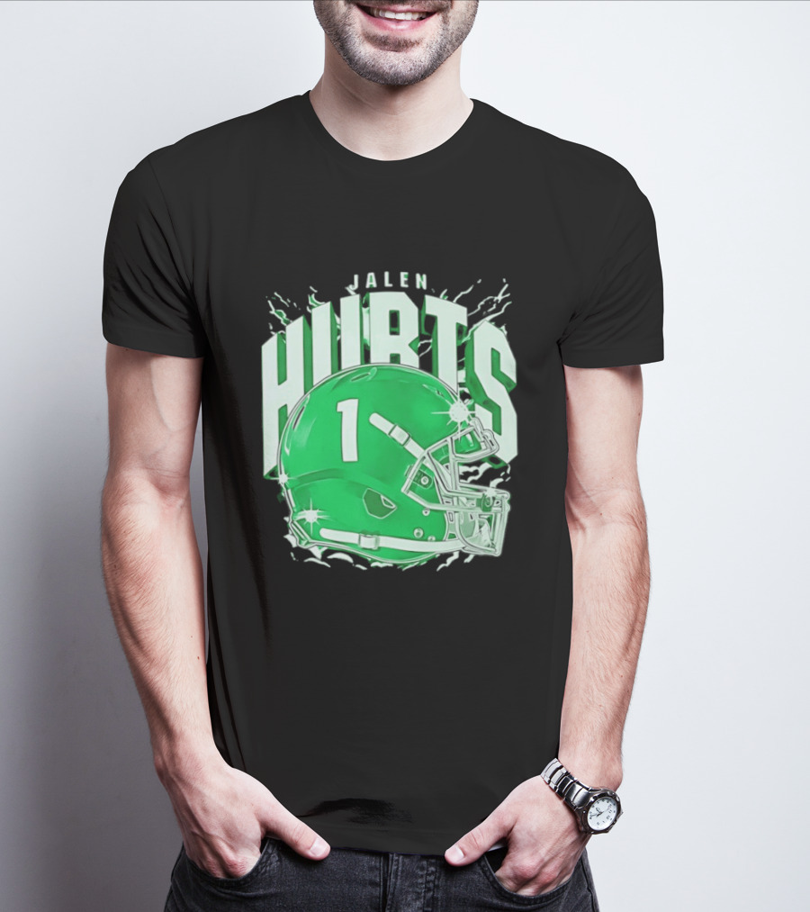 Jalen Hurts 1 Philadelphia Eagles Green Helmet Football T-Shirt