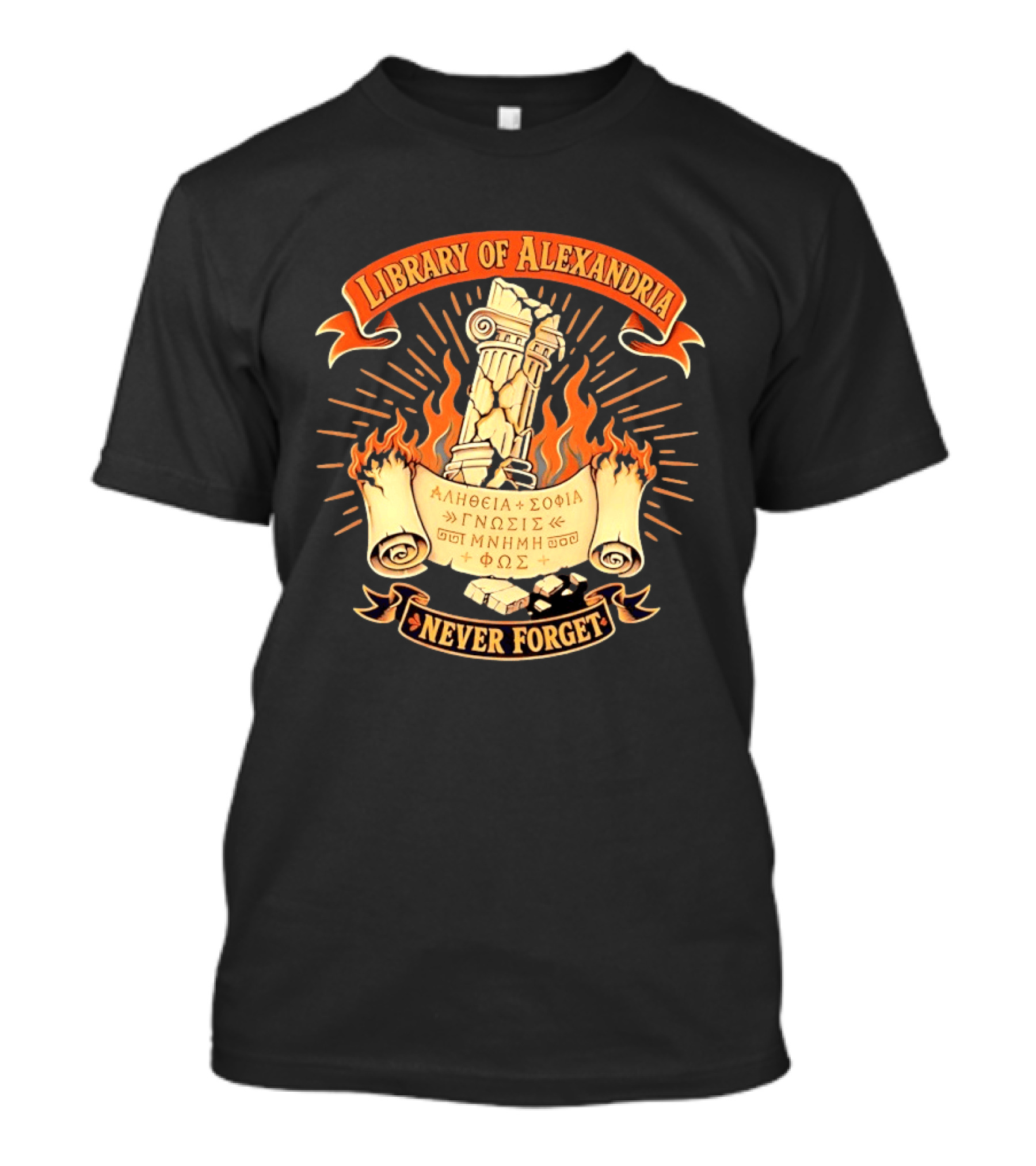 Library Of Alexandria Never Forget Alitheia Sophia Gnosis Ancient Knowledge Flame Pillar T-Shirt