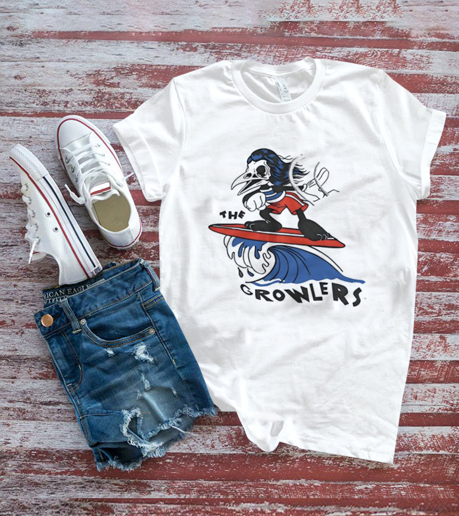 The Growlers Surfing Bird Skeleton On Wave With Red Surfboard T-Shirt
