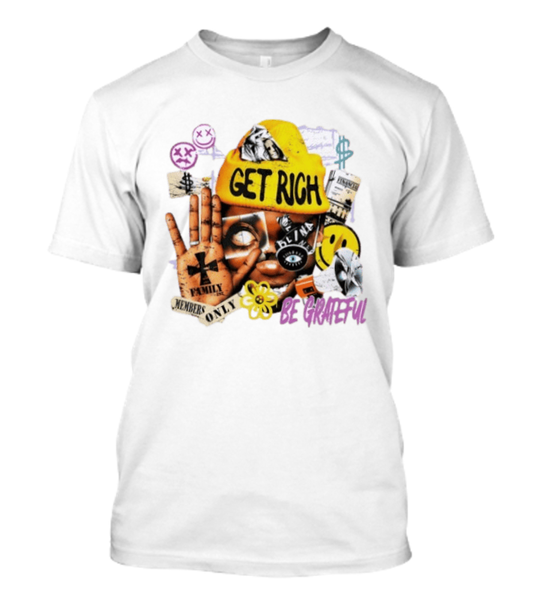 Get Rich Be Grateful Family 1st Members Only Collage Smiley Hand Signs T-Shirt