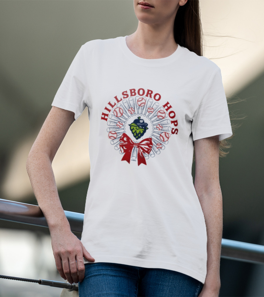 Hillsboro Hops Baseball Christmas Wreath Holiday Bow T-Shirt