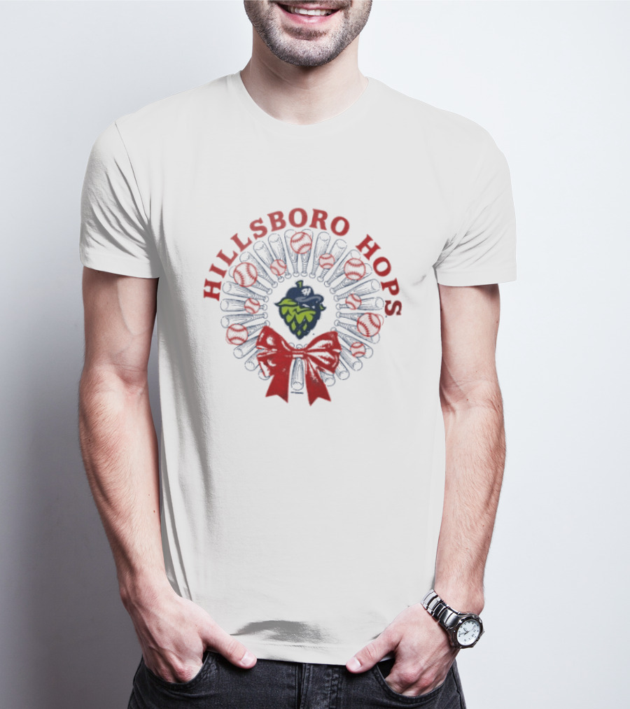Hillsboro Hops Baseball Christmas Wreath Holiday Bow T-Shirt