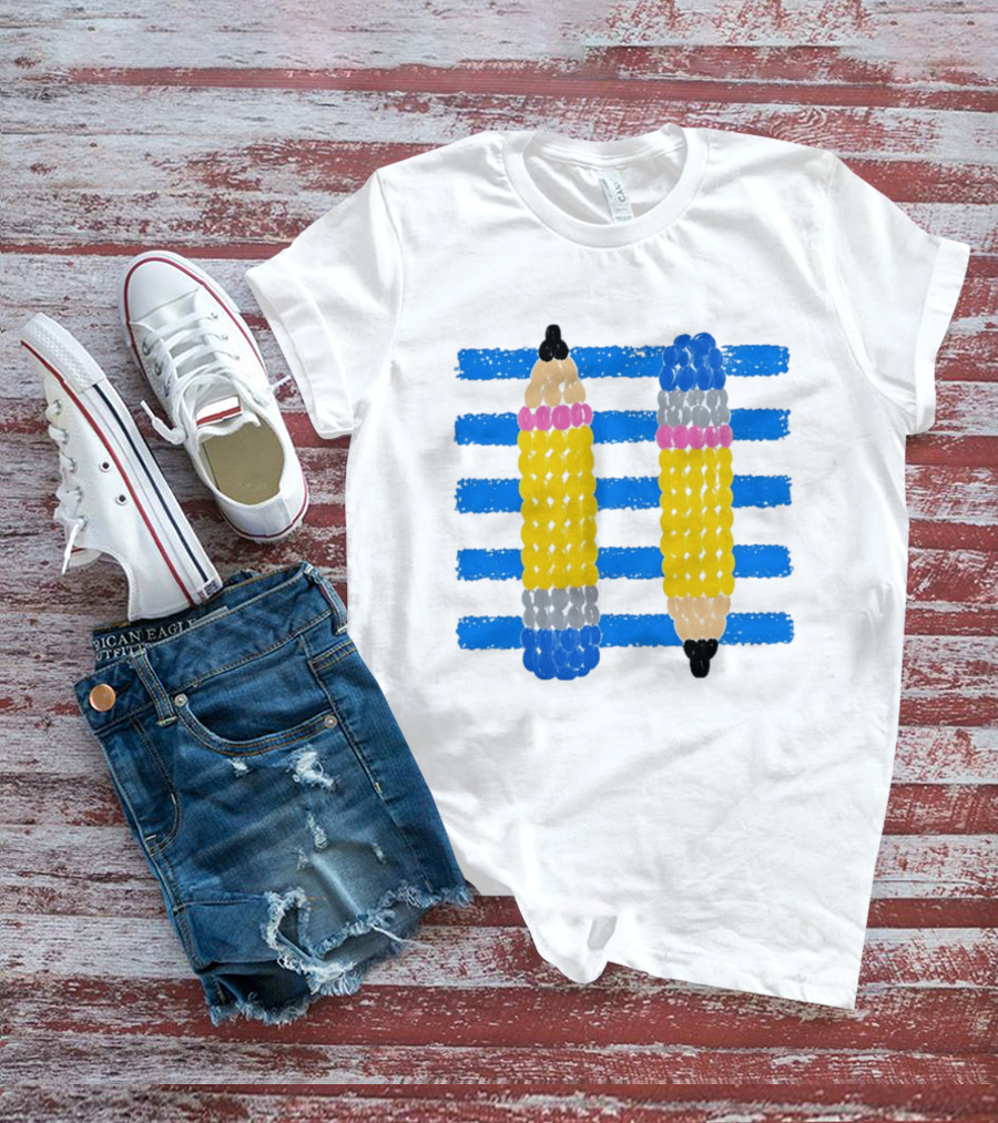 Beaded Pencils And Blue Stripes T-Shirt